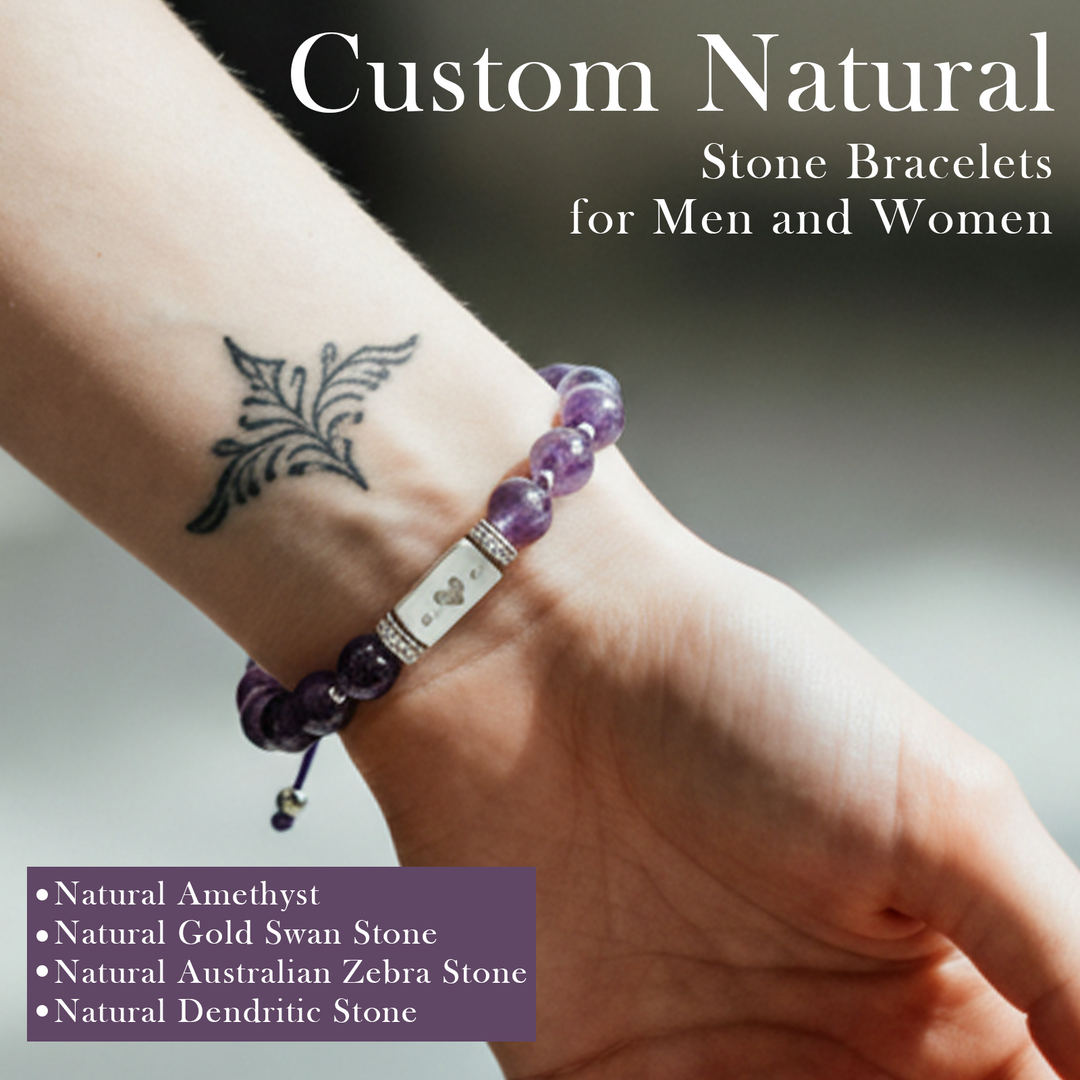 Personalized Name Engraved Natural Stone Bracelet with Zircon | Adjustable Beaded Couple Jewelry Gift for Him & Her
