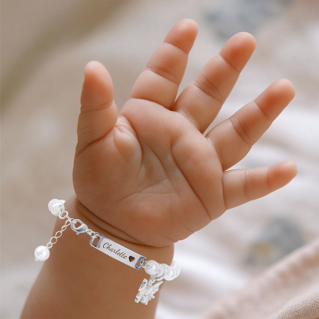 Personalized Baby Name Pearl Bracelet with Butterfly – Hand‑Woven Adjustable Jewelry