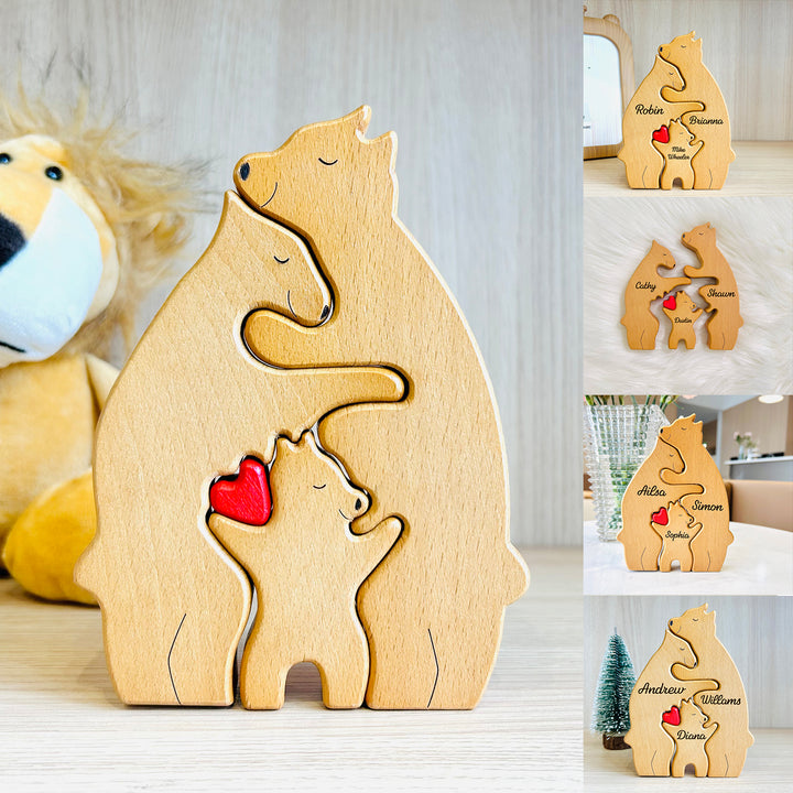 Personalized Bear Family Puzzle with 2-10 Family Name,Wooden Sculpture Decor, for Christmas/Birthday/House Warming