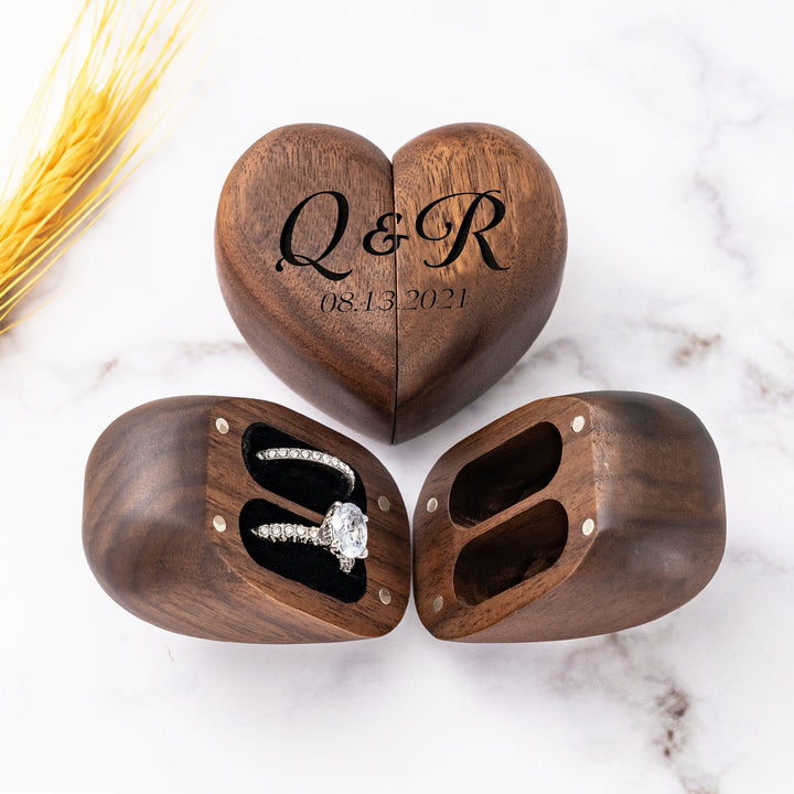 Personalized Wooden Ring Box & Gift Couples With Engraved Birth Flowers On The Back