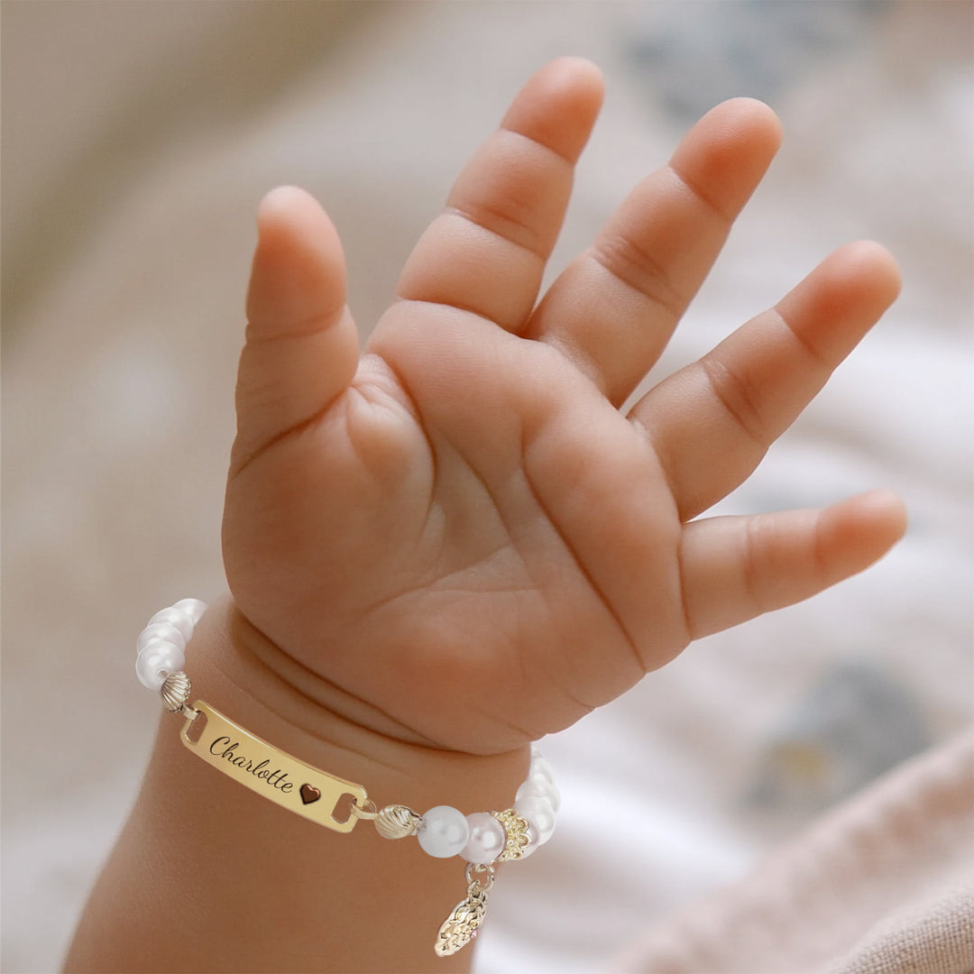 Personalized Hand-Woven Baby Name Pearl Bracelet with Birth Month Flower