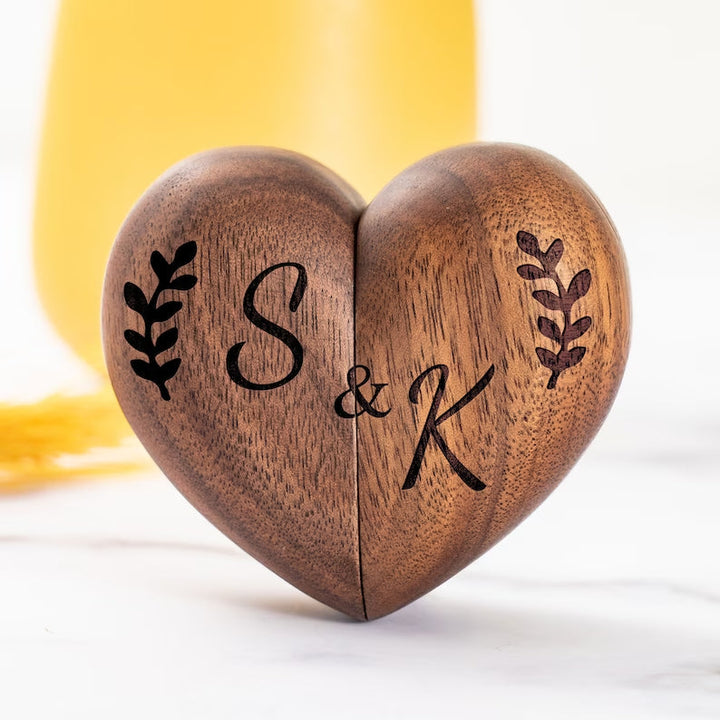 Personalized Wooden Ring Box & Gift Couples With Engraved Birth Flowers On The Back