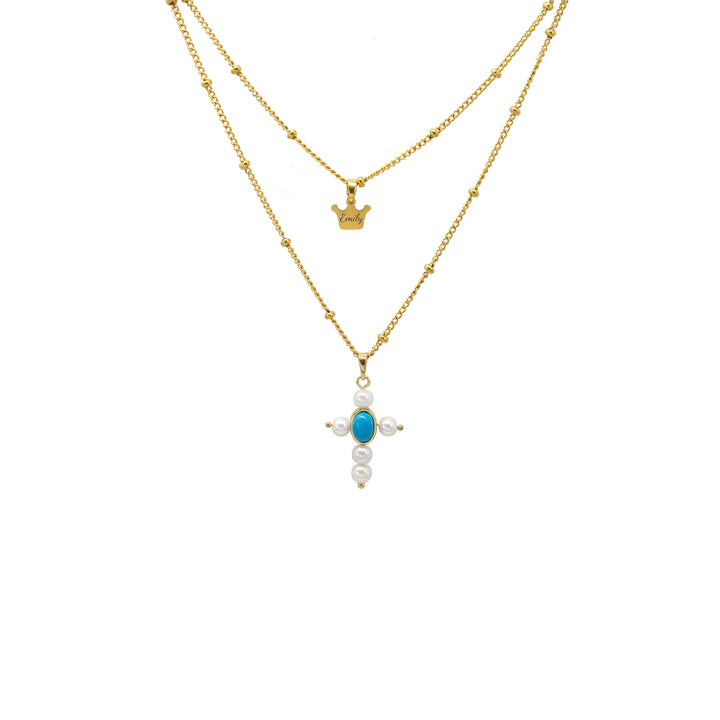 Personalized Pearl Cross Crown Name Double Necklace