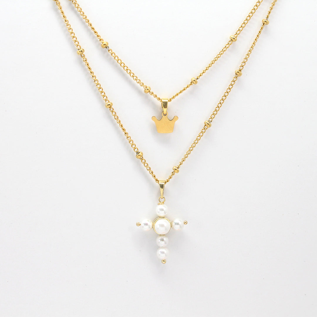 Personalized Pearl Cross Crown Name Double Necklace