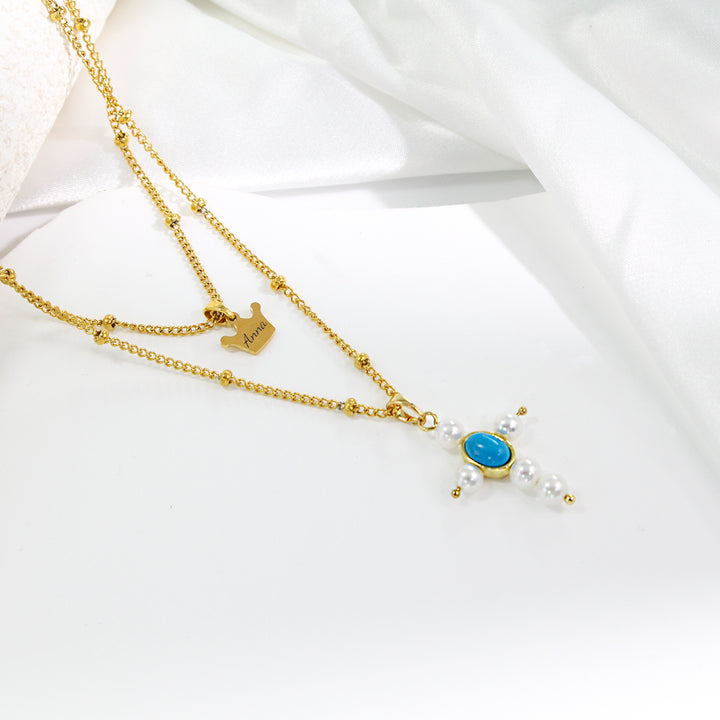 Personalized Pearl Cross Crown Name Double Necklace