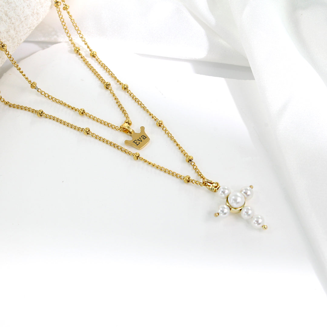Personalized Pearl Cross Crown Name Double Necklace