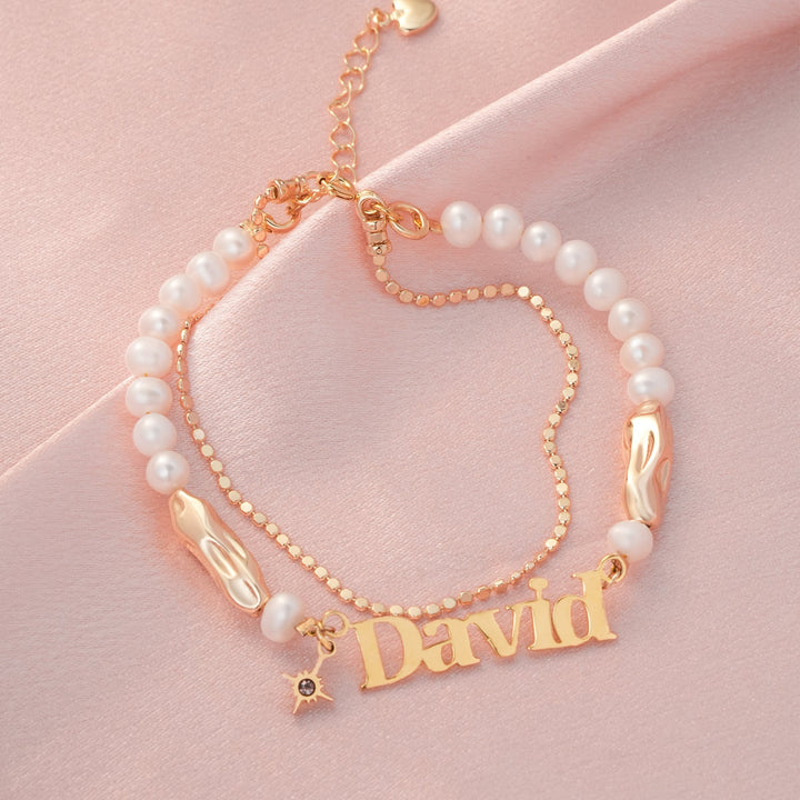 Personalized natural freshwater pearl name birthstone bracelet set