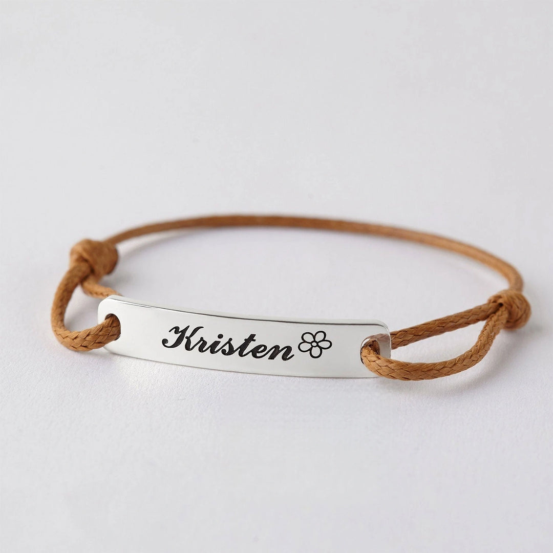 Personalized Baby Name Bracelet with Braided Rope – Sterling Silver Bar Charm, Adjustable