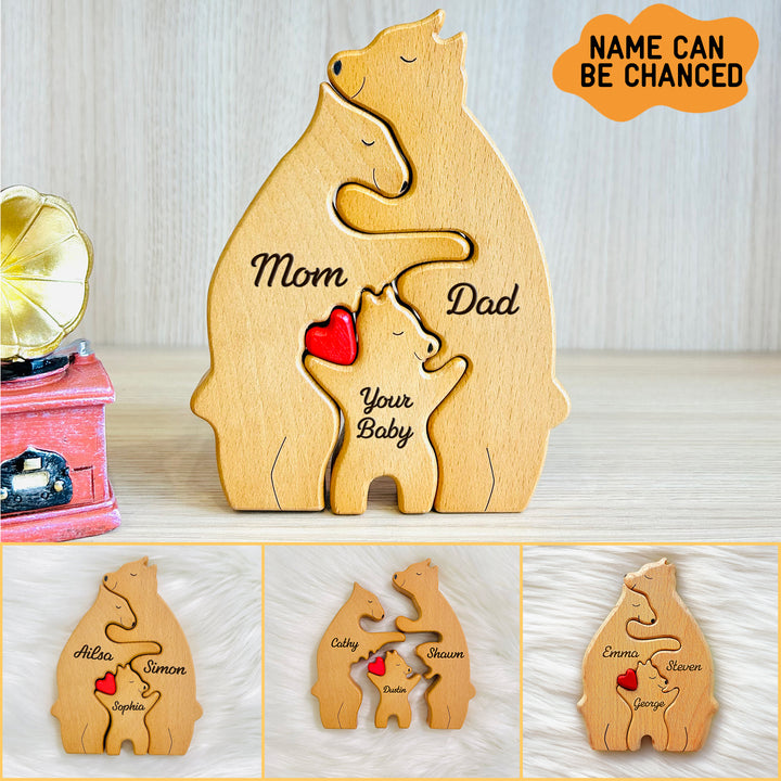 Personalized Bear Family Puzzle with 2-10 Family Name,Wooden Sculpture Decor, for Christmas/Birthday/House Warming