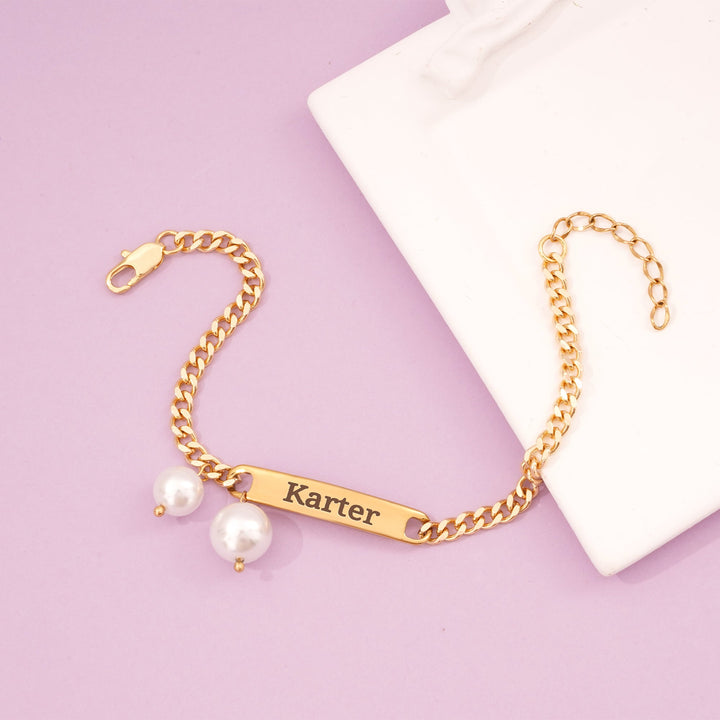 Personalized Name Children‘s Bracelet with Two Pearl Charms