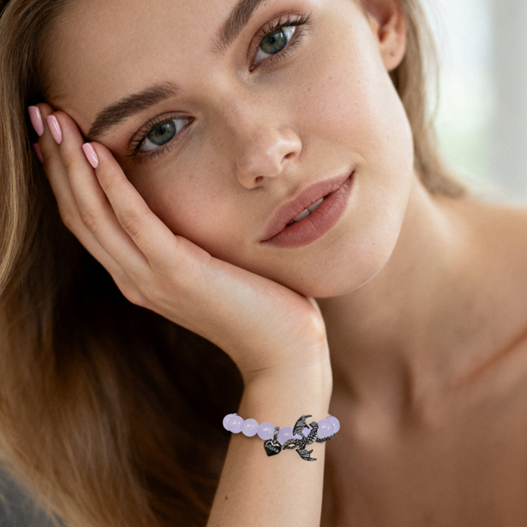 Halloween Gothic Dragon Custom Name Bracelet – Engraved Purple Chalcedony, White Crystal & Gunmetal Copper