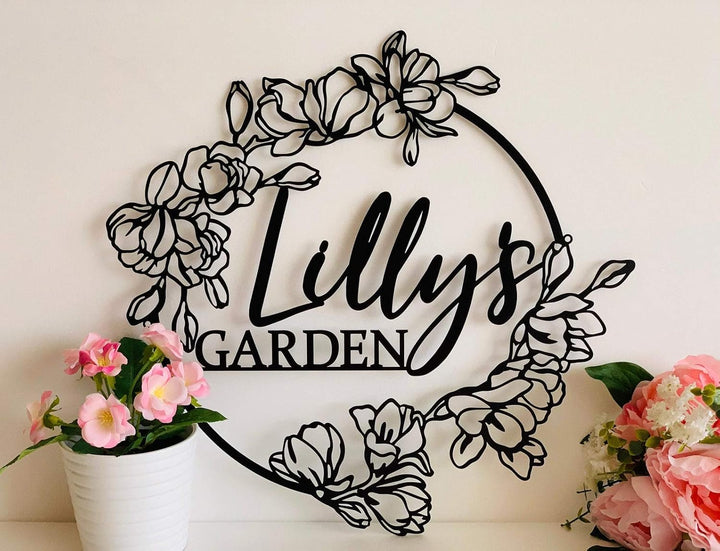 Personalized Flower Garden Name Sign, Custom Metal Wall Art