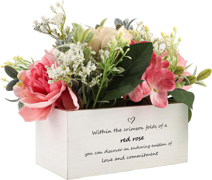 Personalized Name Wooden Box with Artificial Flowers - Decorative Container