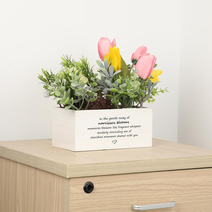 Personalized Name Wooden Box with Artificial Flowers - Decorative Container