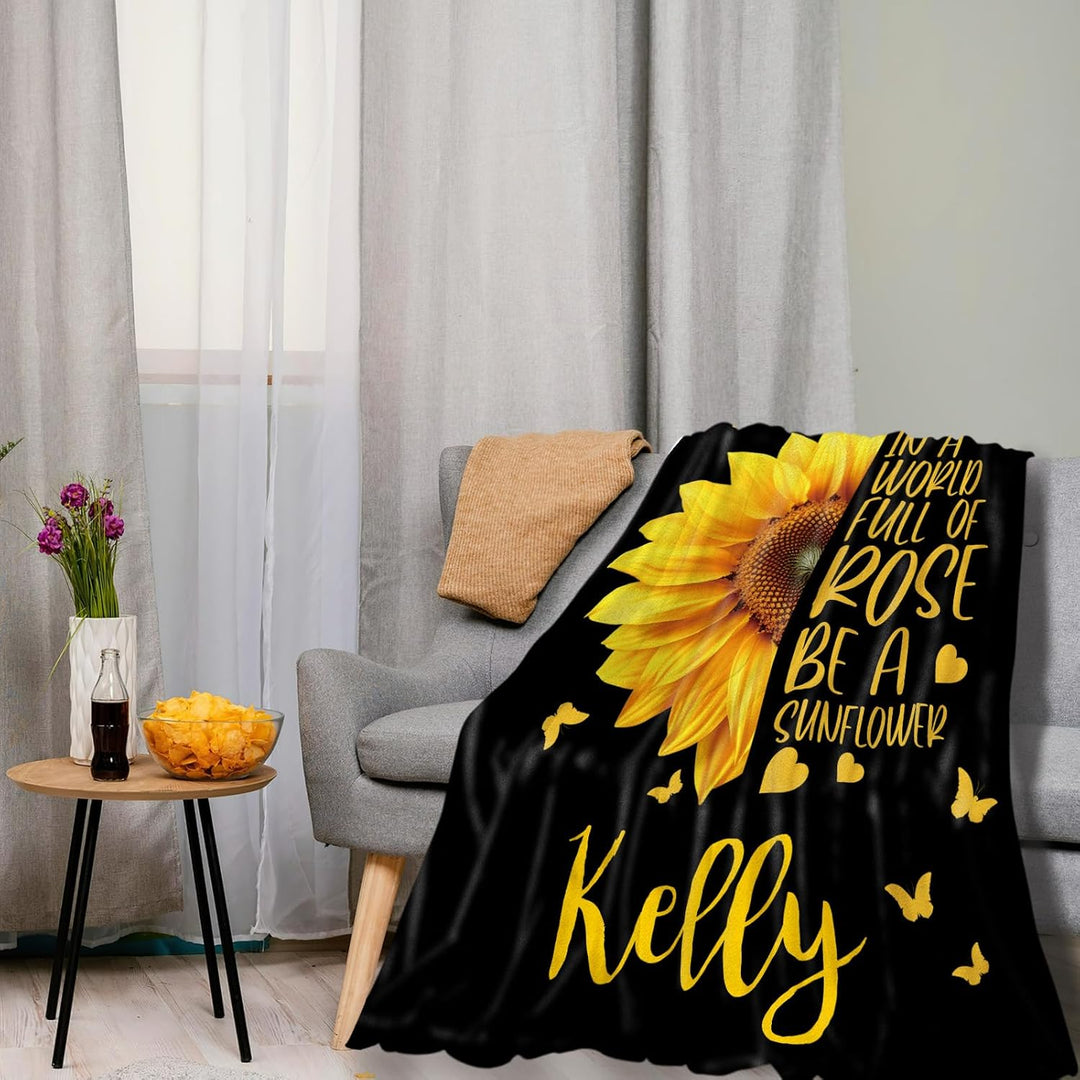 Personalized custom blanket with name sunflower floral blanket