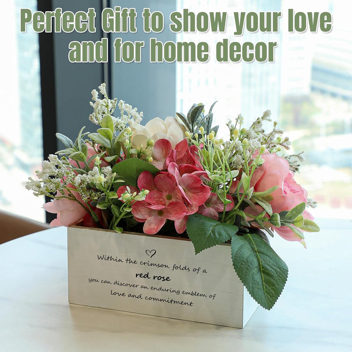 Personalized Name Wooden Box with Artificial Flowers - Decorative Container
