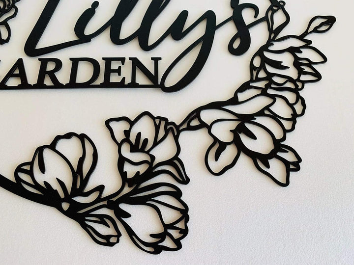 Personalized Flower Garden Name Sign, Custom Metal Wall Art