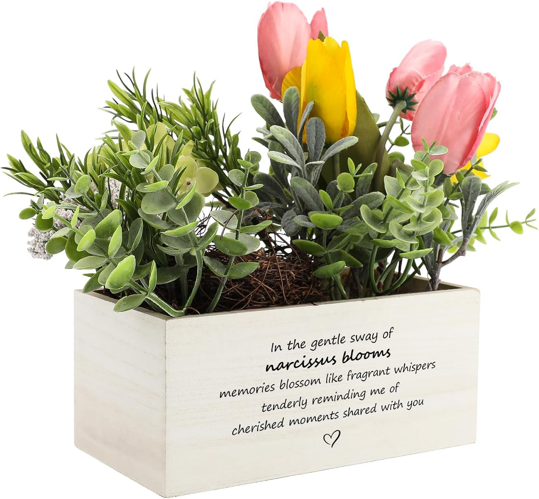 Personalized Name Wooden Box with Artificial Flowers - Decorative Container