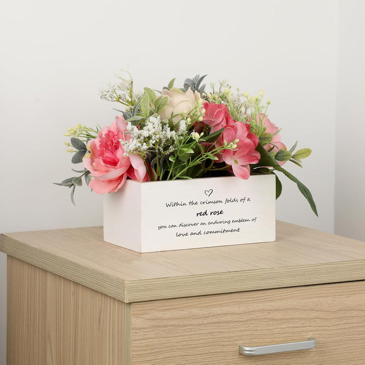 Personalized Name Wooden Box with Artificial Flowers - Decorative Container