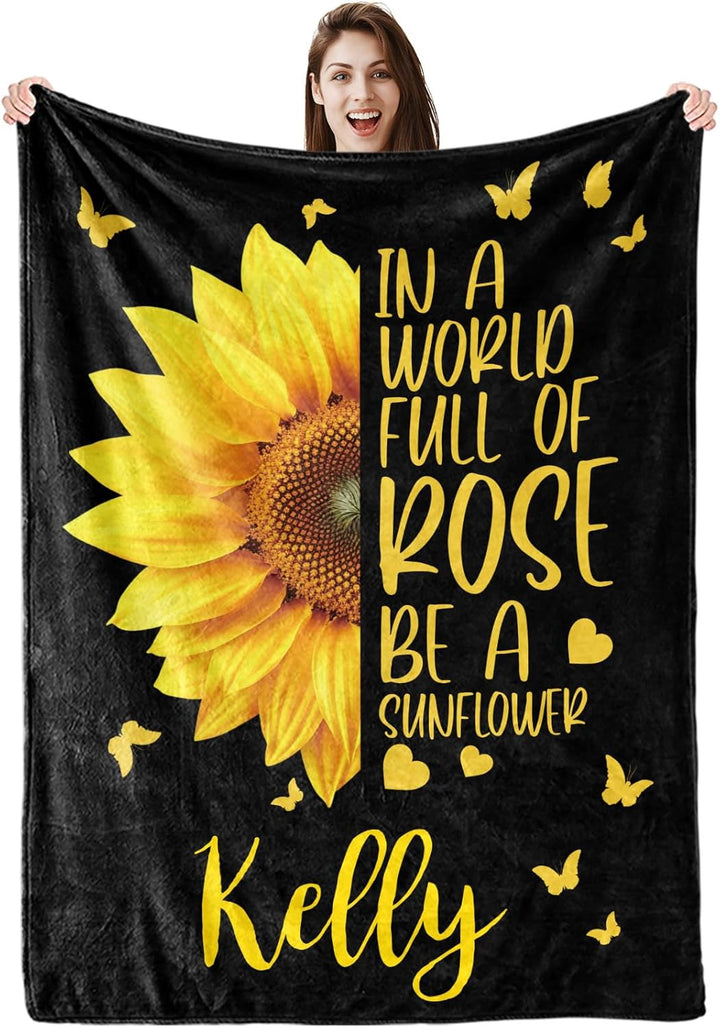 Personalized custom blanket with name sunflower floral blanket