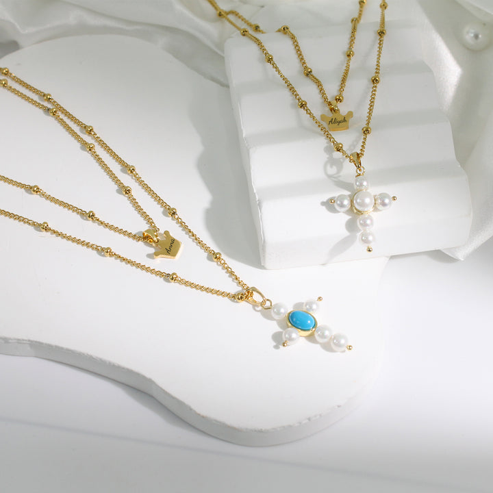 Personalized Pearl Cross Crown Name Double Necklace