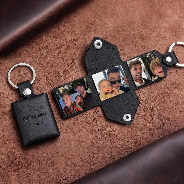 Personalized Leather Photo Album Keychain – Custom Engraved Picture Keyring for Dad & Him