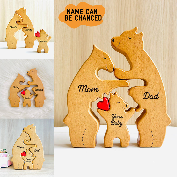 Personalized Bear Family Puzzle with 2-10 Family Name,Wooden Sculpture Decor, for Christmas/Birthday/House Warming