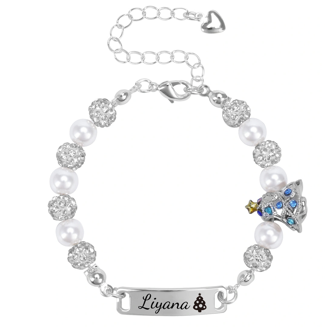 Personalized Christmas Tree Bracelet with Name – Adjustable Pearl & Diamond Holiday Jewelry Gift