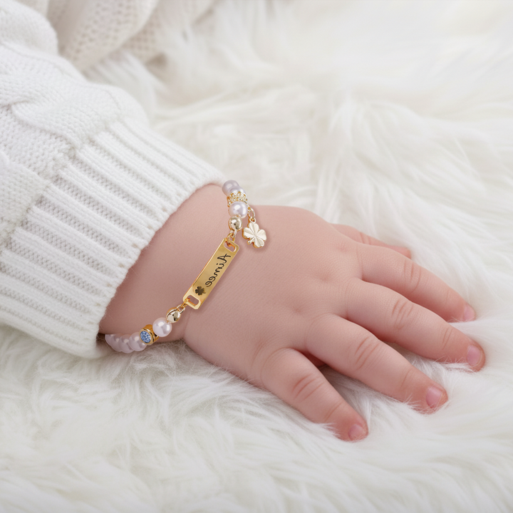 Custom Baby Name Bracelet with Pearls, Birthstone & Four-Leaf Clover Charm – Personalized Infant Jewelry Gift