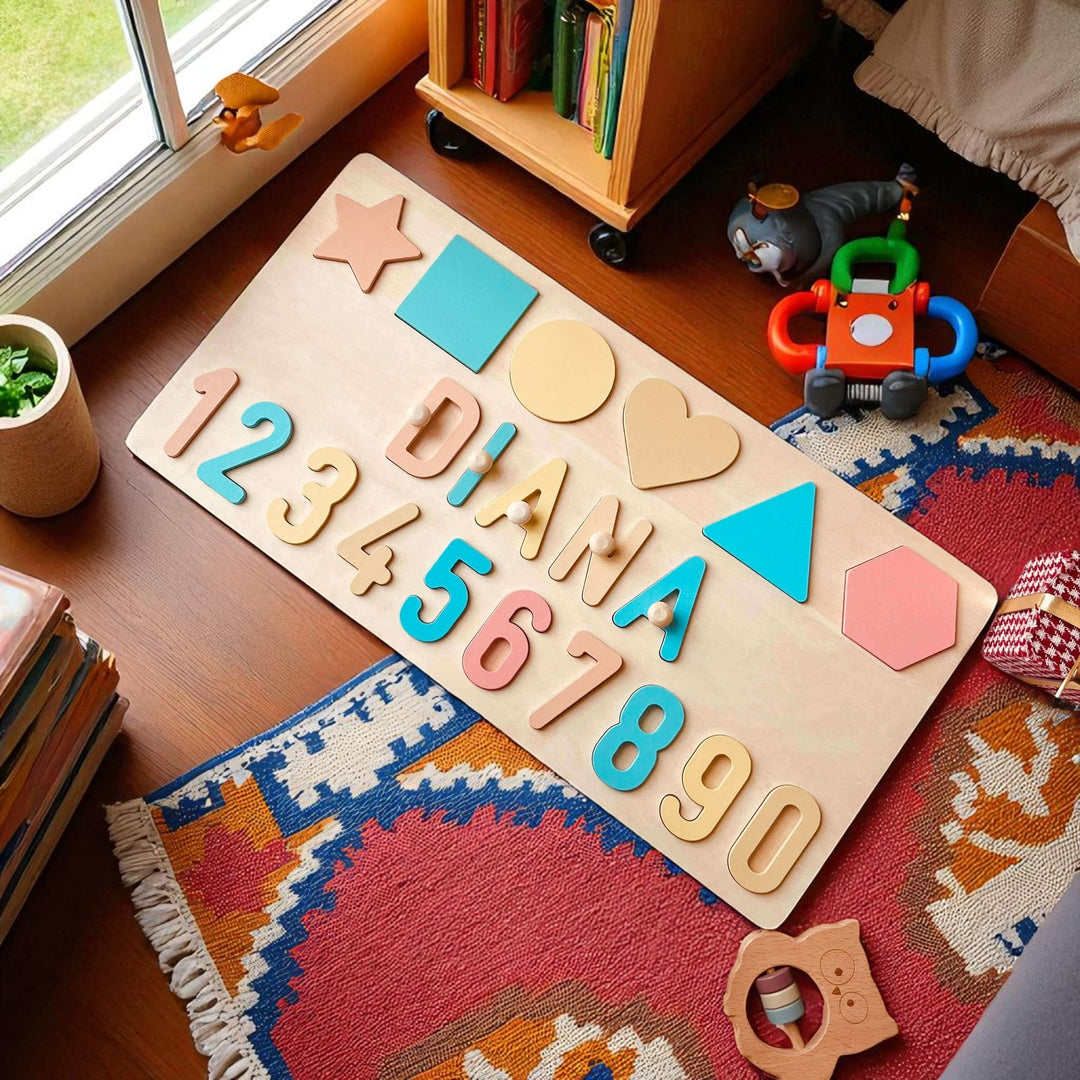 Personalized Wooden Name Puzzle with Numbers & Shapes – Educational Baby Learning Toy