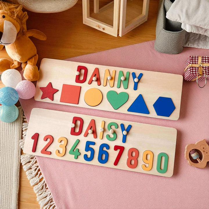 Personalized Wooden Name Puzzle with Numbers & Shapes – Educational Baby Learning Toy