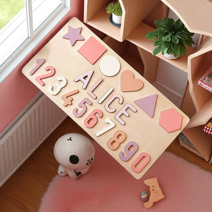 Personalized Wooden Name Puzzle with Numbers & Shapes – Educational Baby Learning Toy