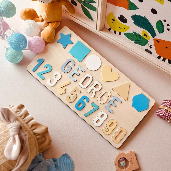 Personalized Wooden Name Puzzle with Numbers & Shapes – Educational Baby Learning Toy