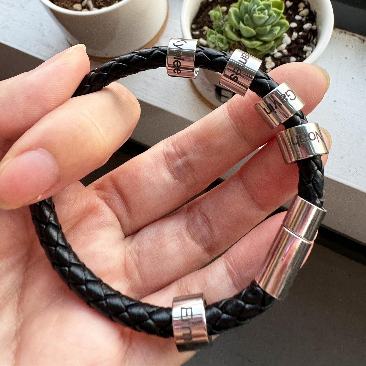 Personalized Mens Leather Bracelet Custom Bracelets Bead Engraved with Name