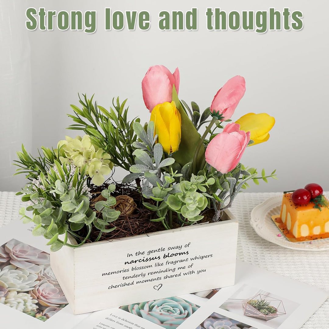 Personalized Name Wooden Box with Artificial Flowers - Decorative Container