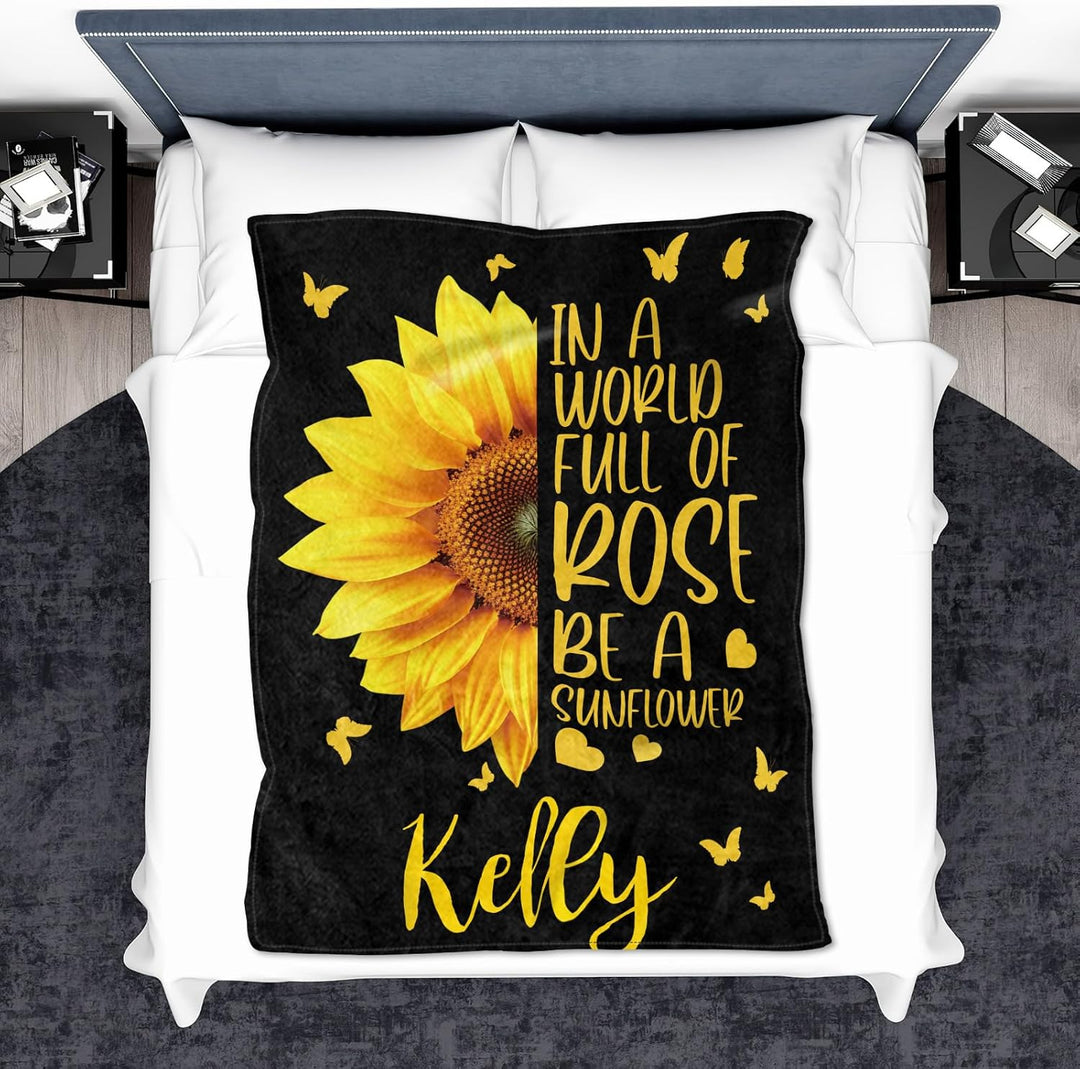 Personalized custom blanket with name sunflower floral blanket