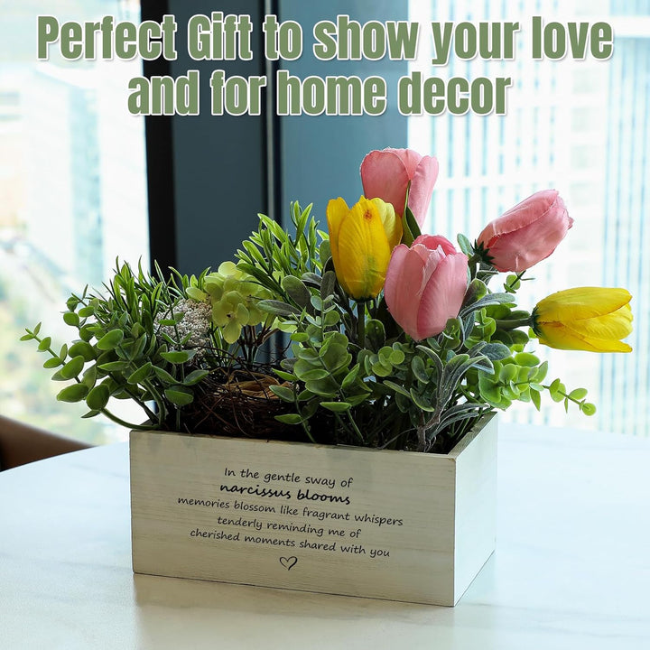 Personalized Name Wooden Box with Artificial Flowers - Decorative Container