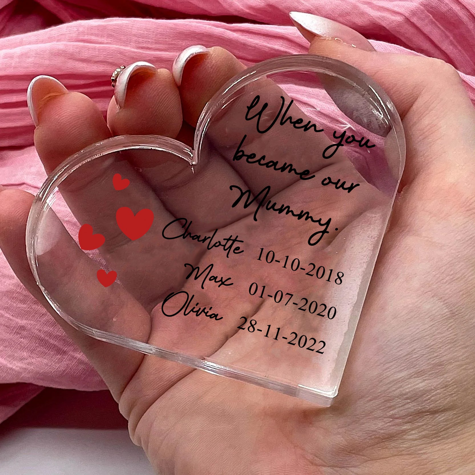 Personalised Name Acrylic Heart Keepsake Custom 3 Texts Ornaments Gifts