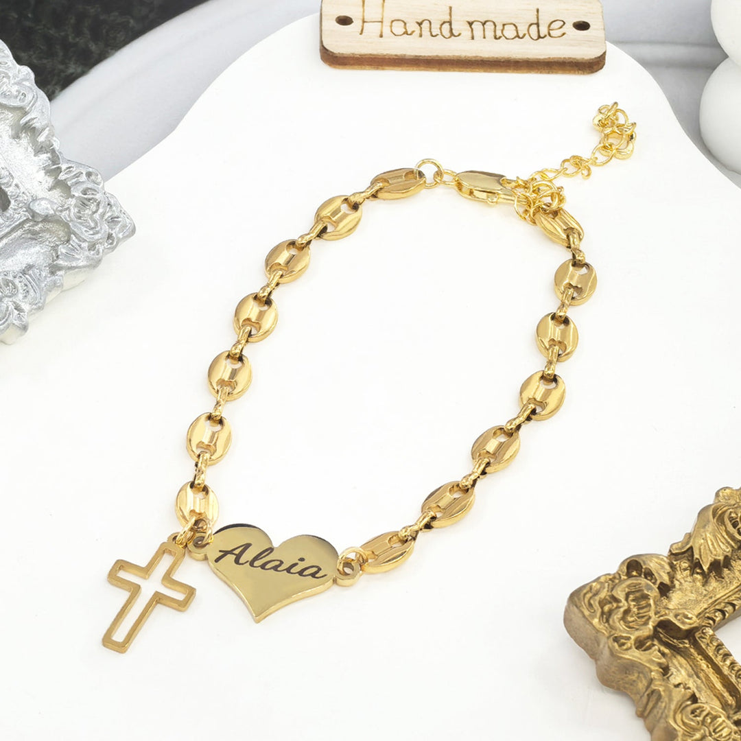 Engravable Pig Nose Chain Name Bracelet with Heart & Cross Charm – ASTM-Safe Girls Gift