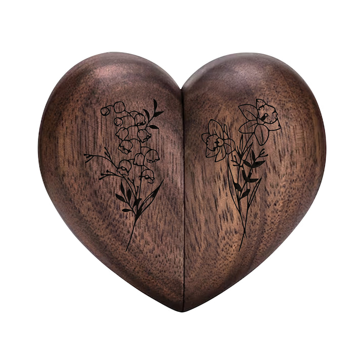 Personalized Wooden Ring Box & Gift Couples With Engraved Birth Flowers On The Back