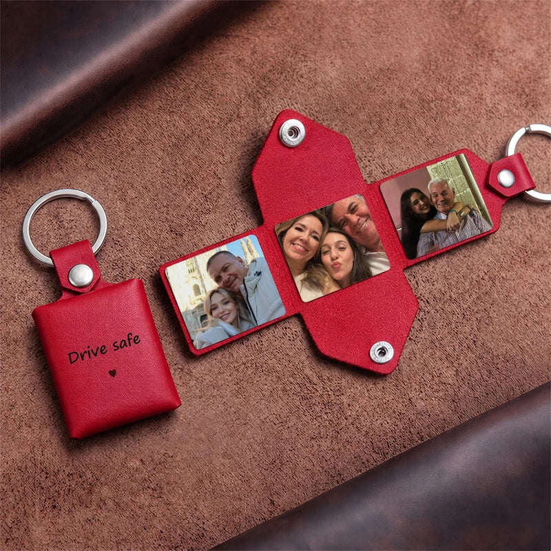 Personalized Leather Photo Album Keychain – Custom Engraved Picture Keyring for Dad & Him
