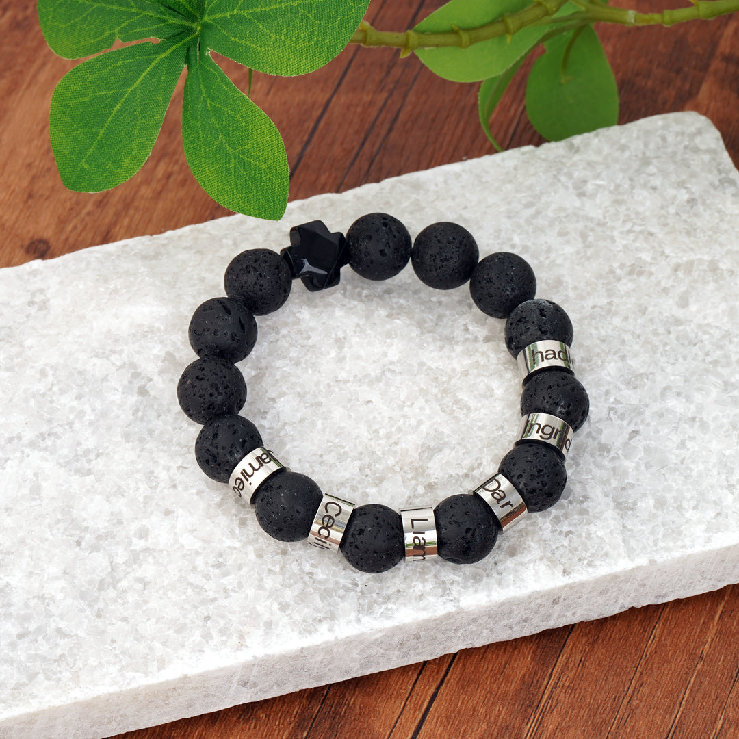Personalized customizable name men's natural black volcanic stone beaded bracelet