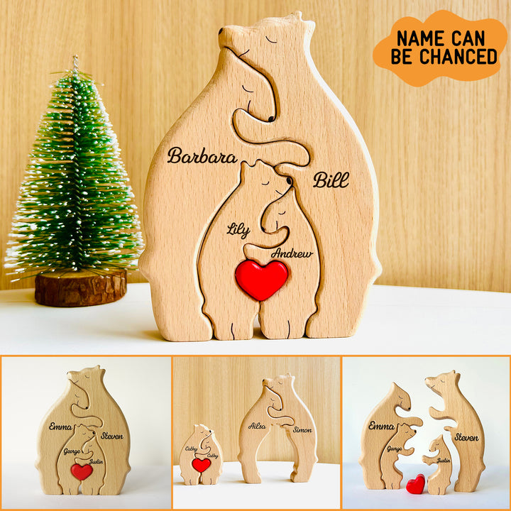 Personalized Bear Family Puzzle with 2-10 Family Name,Wooden Sculpture Decor, for Christmas/Birthday/House Warming