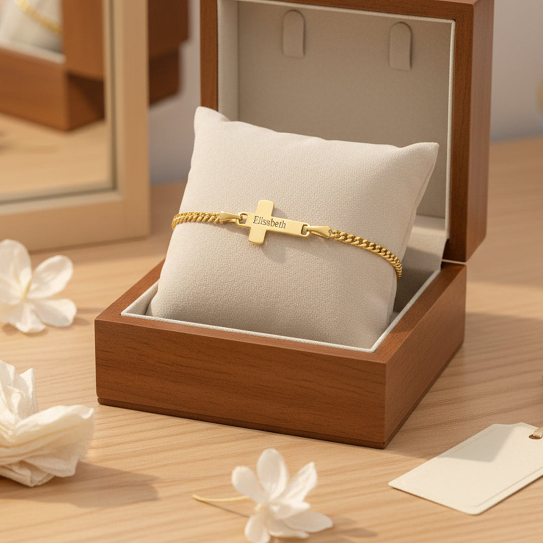 Personalized Children's Cross Name Bracelet – Sterling Silver with Gold Plating