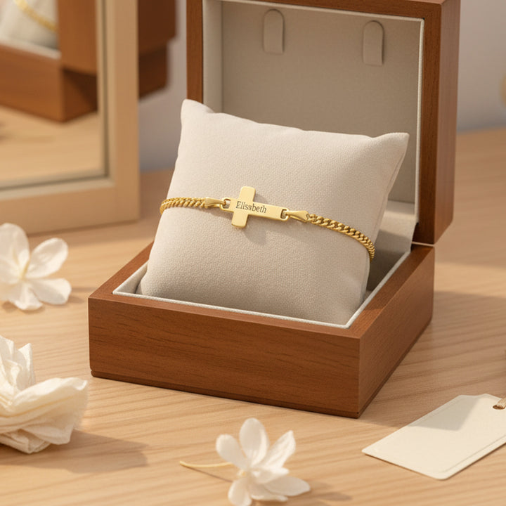 Personalized Children's Cross Name Bracelet – Sterling Silver with Gold Plating