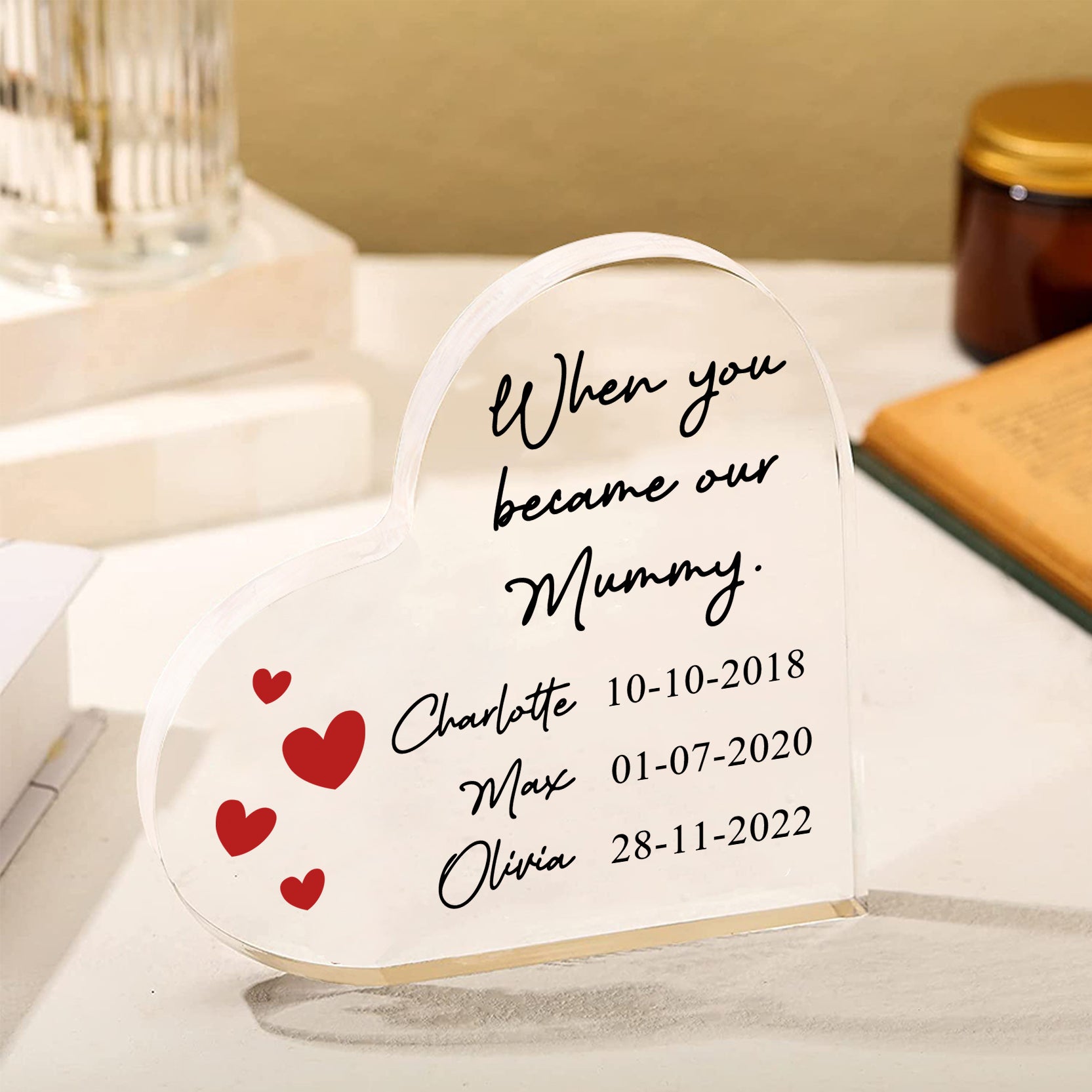 Personalised Name Acrylic Heart Keepsake Custom 3 Texts Ornaments Gifts