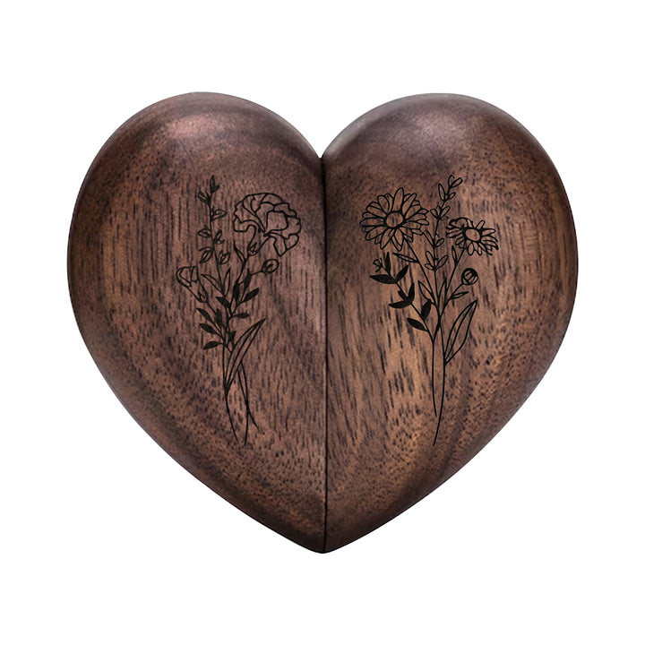 Personalized Wooden Ring Box & Gift Couples With Engraved Birth Flowers On The Back