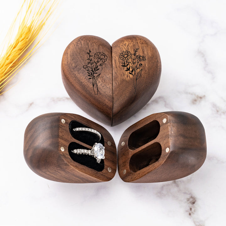 Personalized Wooden Ring Box & Gift Couples With Engraved Birth Flowers On The Back