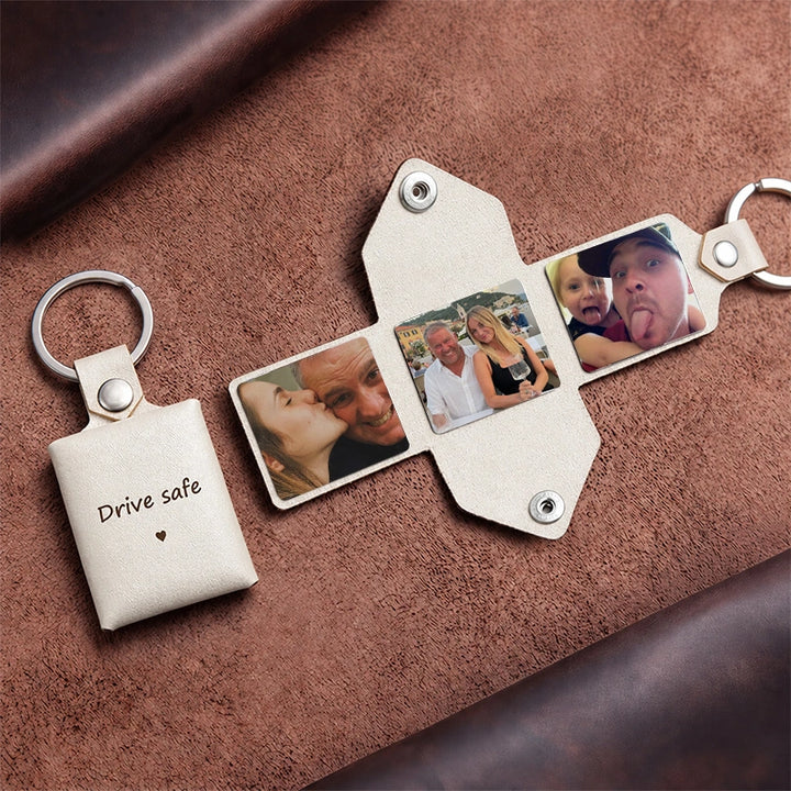Personalized Leather Photo Album Keychain – Custom Engraved Picture Keyring for Dad & Him