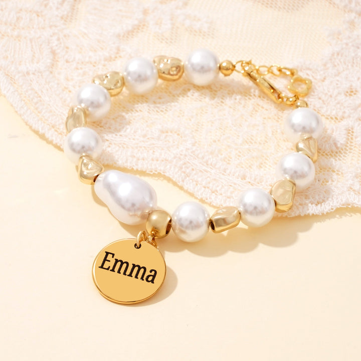 Personalized Baroque Pearl Engraved Name Disc Charm Girls Bracelet